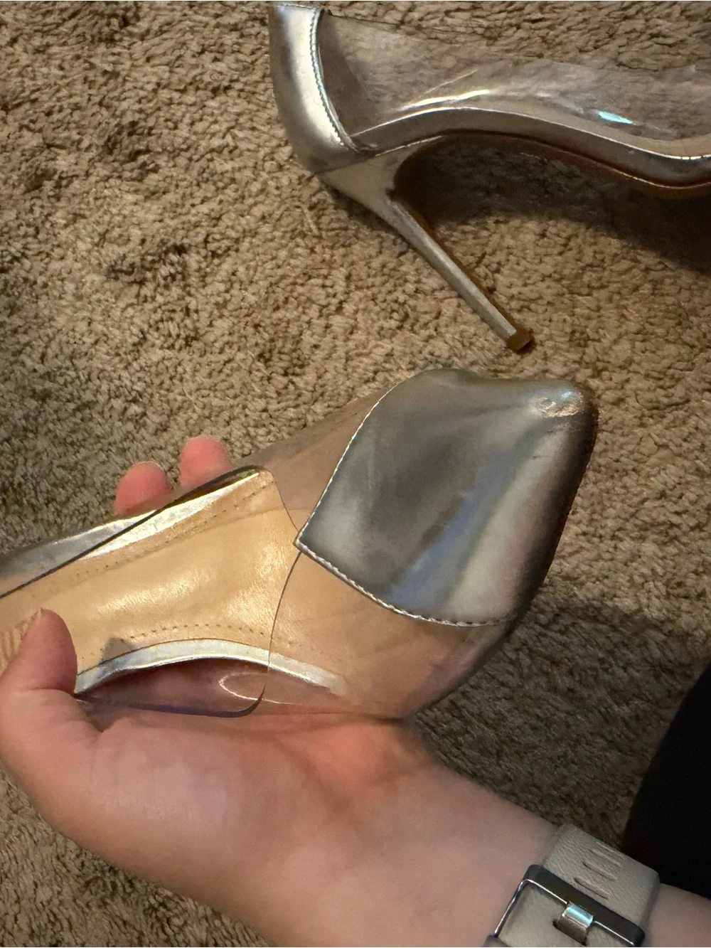 SCHUTZ Silver Pointed-Toe Pumps with Clear Panels
